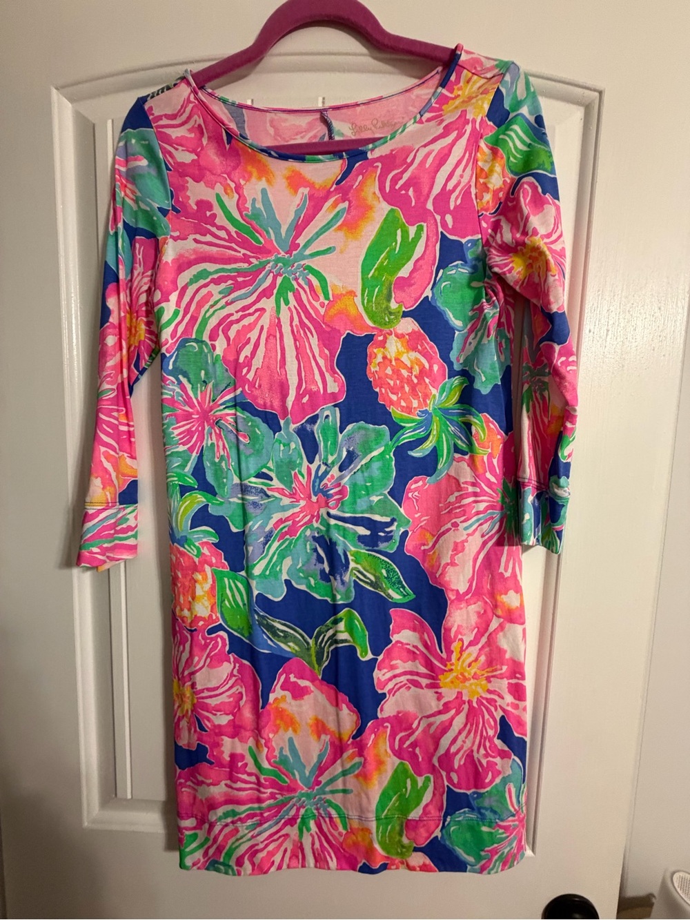 Lilly Pulitzer Pink, Blue & Green Floral Long Sleeve Shift Dress